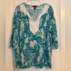 Lauren Ralph Lauren Teal Paisley V-Neck Tunic Top - Size 3X. Cotton